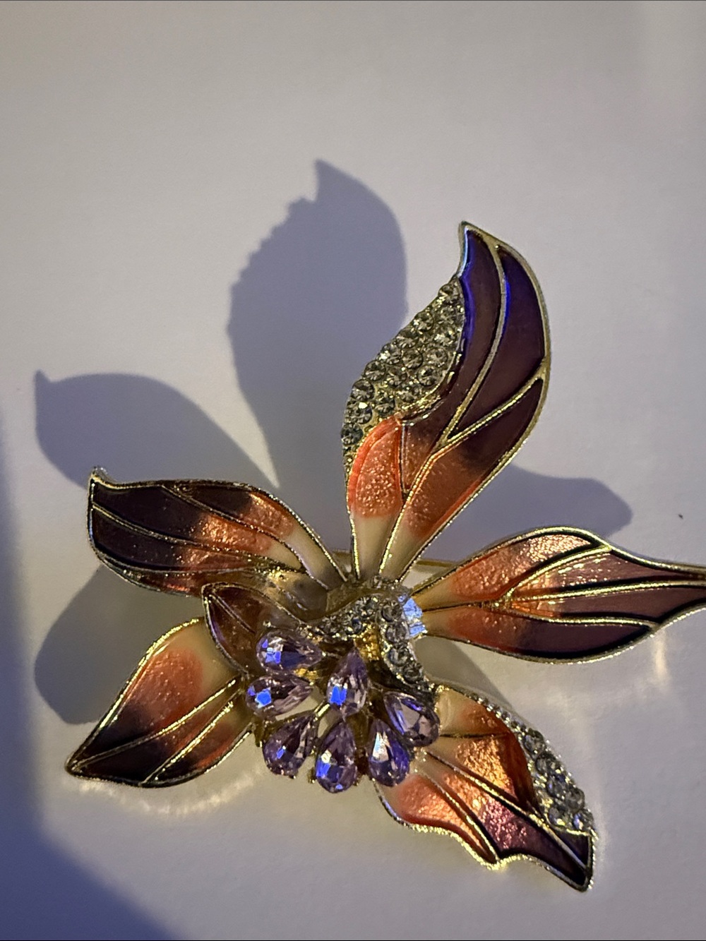 Gold Floral Crystal Enamel Brooch in Pink and Orange Lapel Pin